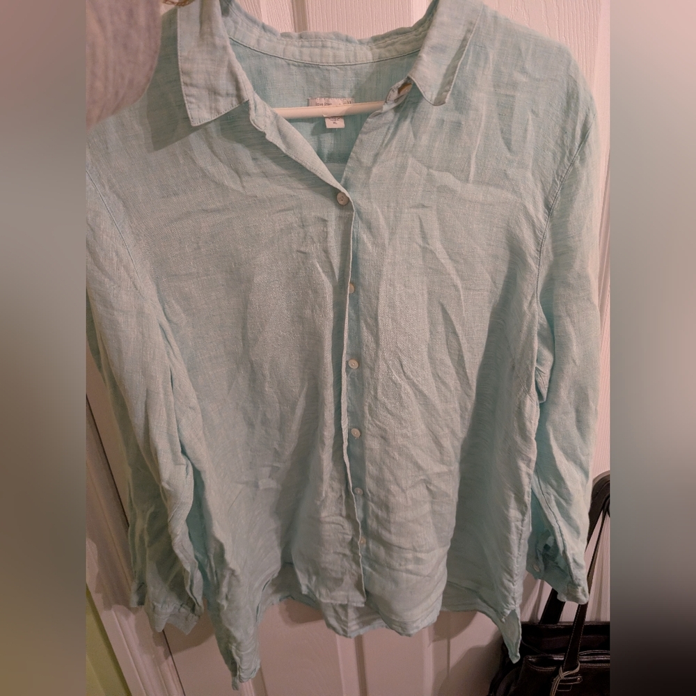 J. Jill Soft Aqua Button-Down Linen Shirt